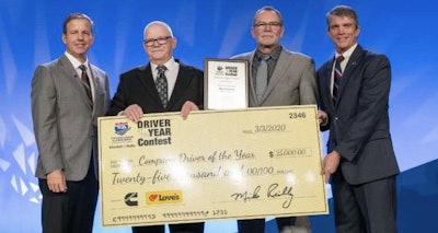 L to R: Jon Archard, VP of Sales with Love’s Travel Stops; Driver of the Year Don Lewis; Darrel Wilson, President, and CEO of Wilson Logistics; Lawrence “Chip” Magner, National Account Executive at Randall-Reilly