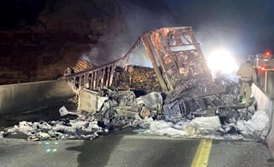 Fire destroyed the tractor-trailer and its load of food products in northwest Arizona last weekend. (Photos by Beaver-Dam Littlefield Fire, )