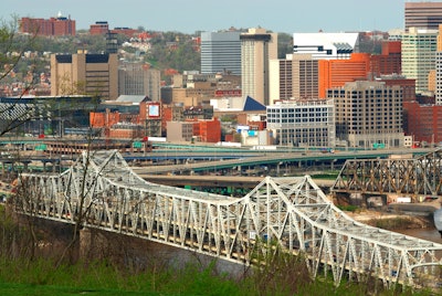 Brent Spence Street Bridge with Cincinnati skyline in the background