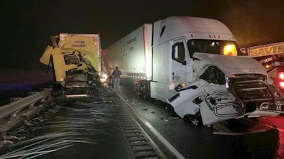 Two of the trucks involved in Monday’s collision on Interstate 70 in Indiana. (ISP photo)