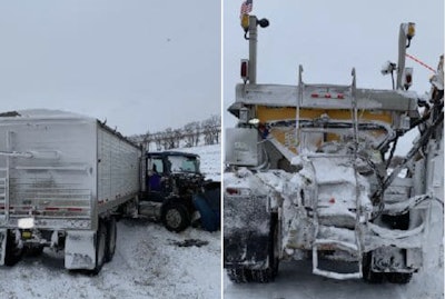 A tractor-trailer struck a snowplow on I-29 in South Dakota today. (SD Troopers photo)