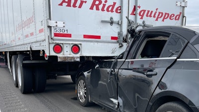 A Chevrolet Cruze struck and became lodged under a tractor-trailer in California earlier this week