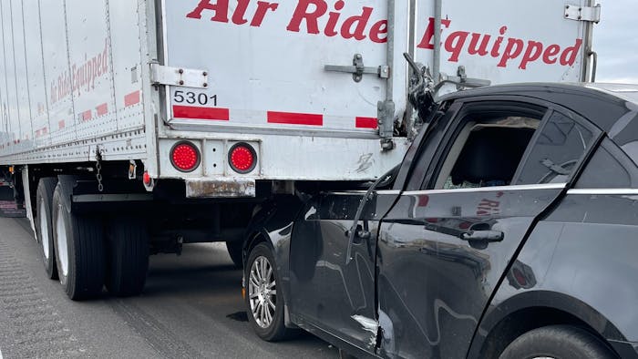 A Chevrolet Cruze struck and became lodged under a tractor-trailer in California earlier this week