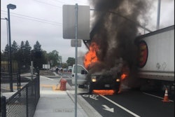 This CHP photo shows just how close Efrain Angel Zepeda had to pull his truck to the flames to help rescue a stranded utility worker.