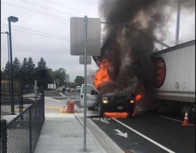 This CHP photo shows just how close Efrain Angel Zepeda had to pull his truck to the flames to help rescue a stranded utility worker.