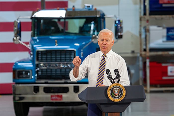 President Biden speaks at the Mack Truck plant in Macungie, Pennsylvania Wednesday, July 28.