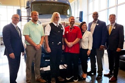 From left are Brad Bentley, FASTPORT president; Joey Mendel, general manager of the MHC RoadReady Center in Chillicothe, Ohio; Jimmy Reddell/U.S. Army, Army Reserves/Stevens Transport; Christopher Slindee/U.S. Army/Knight Transportation; Genevieve Bekkerus, Kenworth marketing director; James Rose/U.S. Marines/PRIME Inc.; and Adam Rocke, senior director of outreach and engagement for Hiring Our Heroes.