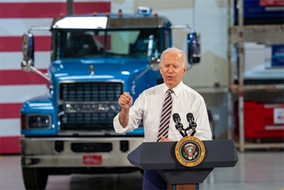President Biden speaks about his infrastructure plan at the Mack Truck plant in Macungie, Pennsylvania July 28.