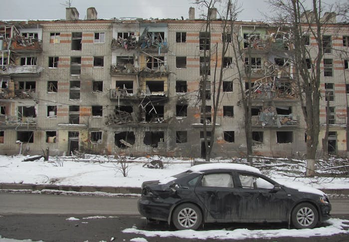 Bomb damage to the residential area of Kharkiv, Ukraine