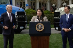 NFI company driver Maria Rodriguez with President Joe Biden and Transportation Secretary Pete Buttigieg at today's White House event
