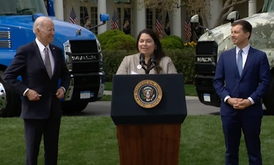 NFI company driver Maria Rodriguez with President Joe Biden and Transportation Secretary Pete Buttigieg at today's White House event