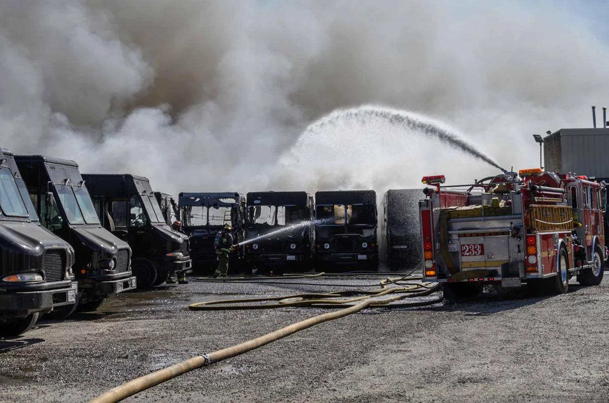 Ups Rack Fire Explosion and fire damage UPS warehouse; trucks and trailers destroyed ...