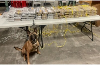 Table with cocaine and police dog