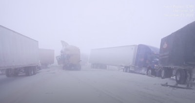 Wintery pileup involving 9 tractor-trailers