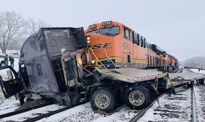 Tractor-trailer struck by BNSF freight train