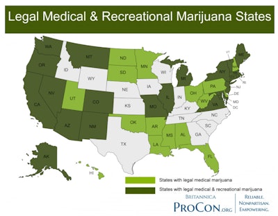U.S map showing where recreational and medical marijuana is legal