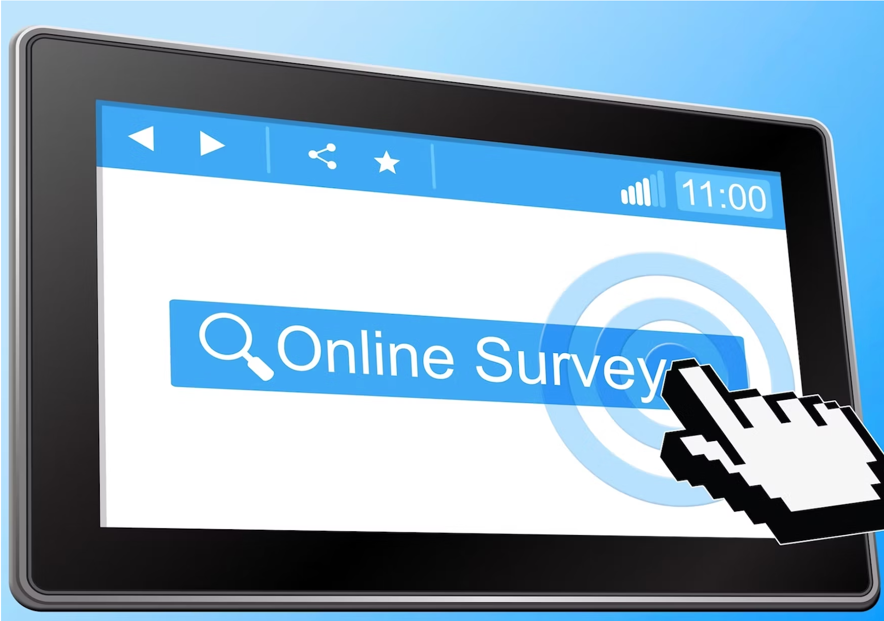 Hand touching 'online survey' on computer screen