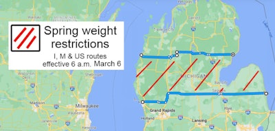 Portion of map of Michigan showing latest weight restrictions
