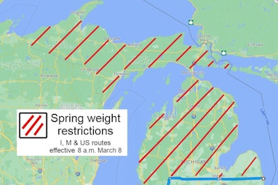 Partial map of Michigan showing highway restrictions