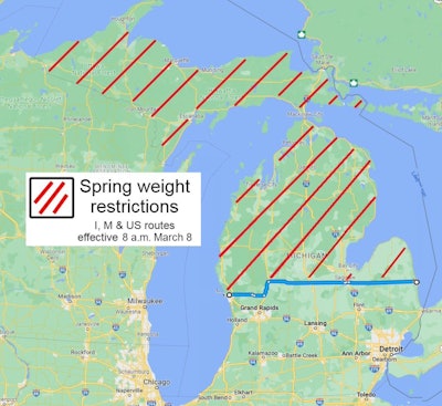 Map of Michigan with restricted highways marked