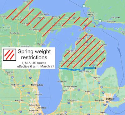 Map of Michigan with restricted highways marked