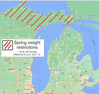 Map of Michigan with road restrictions