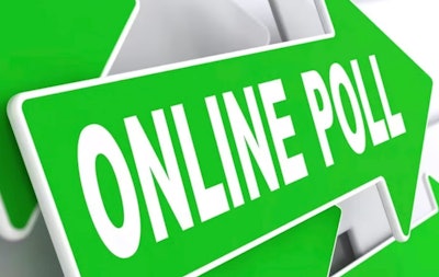 Green arrow sign with 'Online Poll' on it in white
