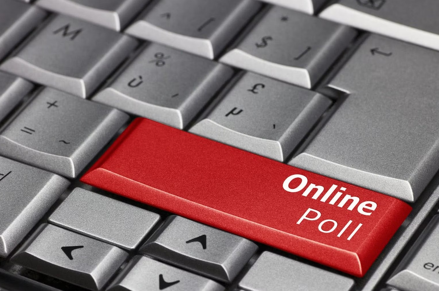 Computer keyboard with 'Online Poll' on one of the keys