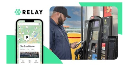 Collage of Relay app anddriver at fuel pump