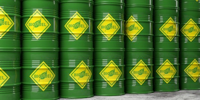 Stack of green barrels marked 'Biodiesel'