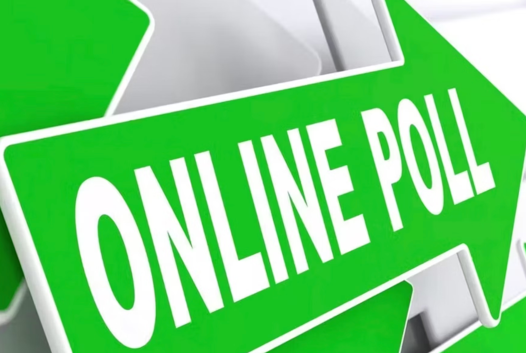 Green arrow sign with 'Online Poll' on it in white