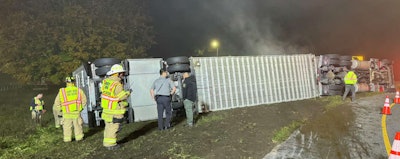 Overturned livestock hauler