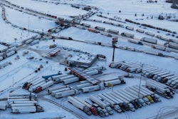 Winter truck parking near I-80 in Wyoming