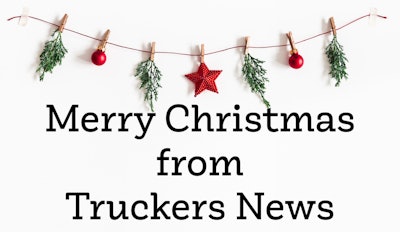 Merry Christmas fromn Truckers News with holiday ornaments