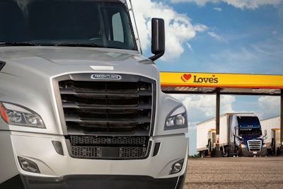 Freightliner truck in from of a Love's Travel Stop