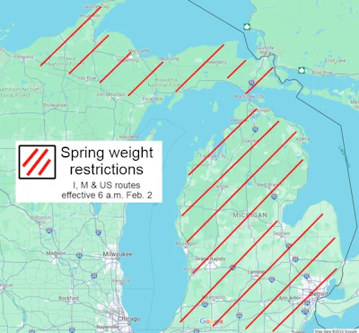 Map of Michigan with restricted highways marked