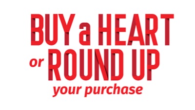 Buy a heart or round up your purchase in red on white bacjground