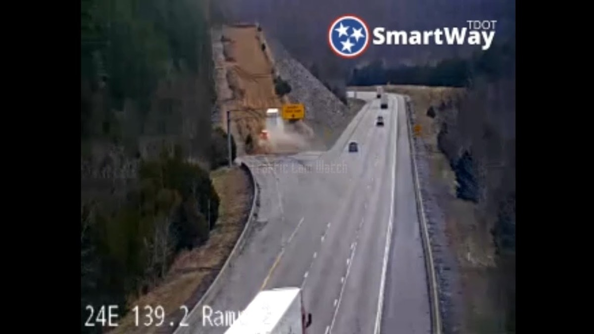 Tractortrailer loses brakes, takes runoff ramp; motorist does too