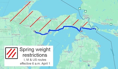 Map of Michigan with restricted highways marked