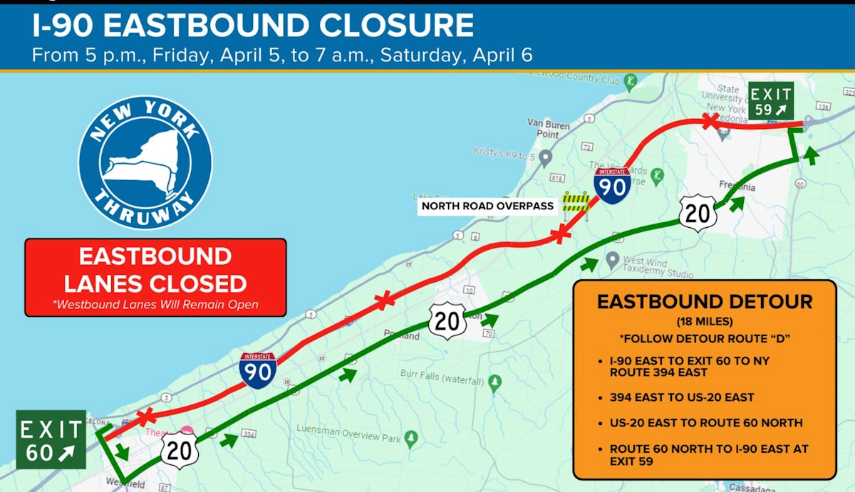 Eastbound lanes of part of I-90 in western NY will be closed