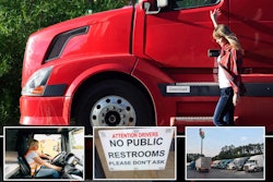 Woman next to tractor-trailer