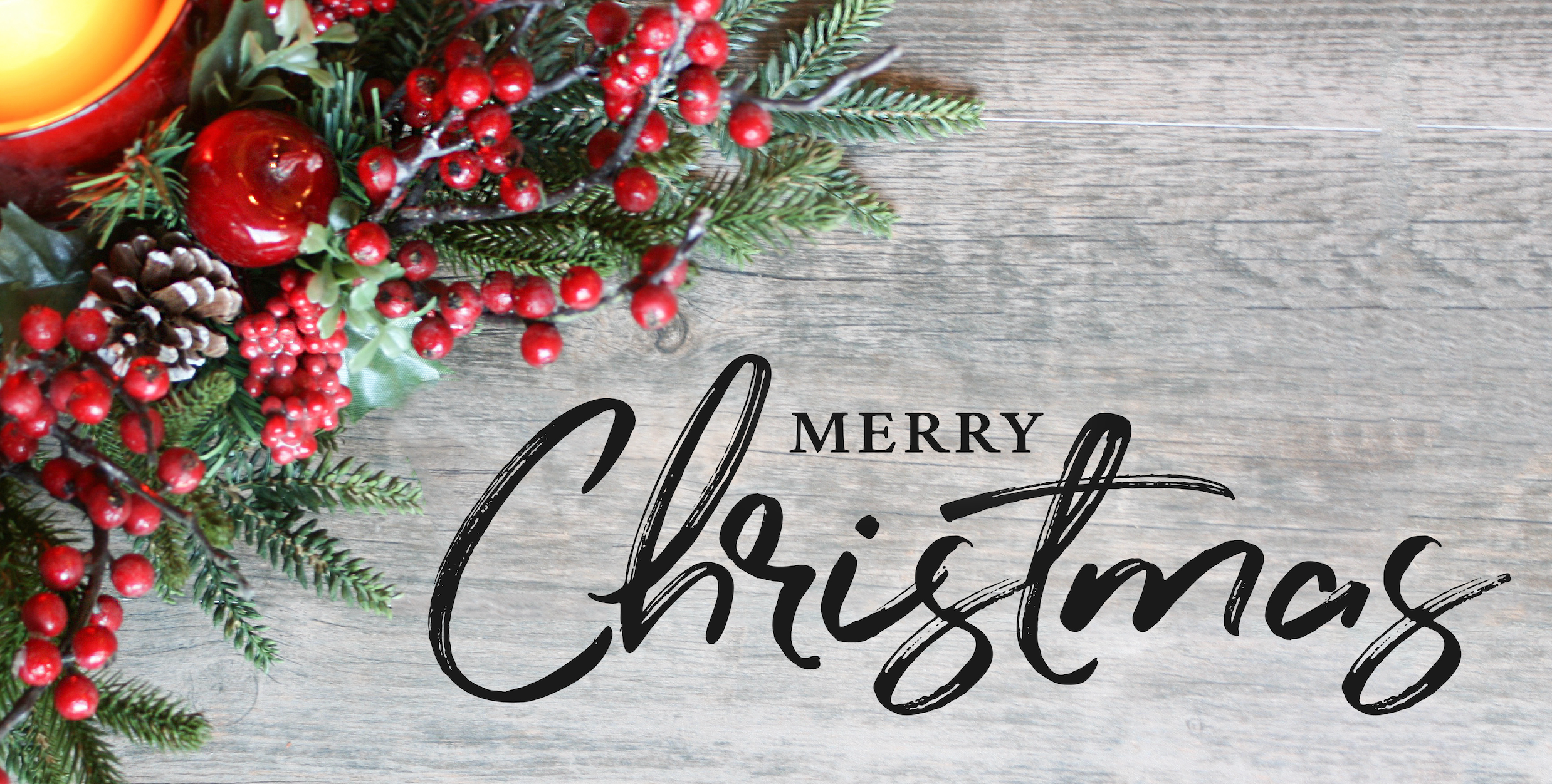 'Merry Christmas' on white background with pine branches and holly berries