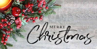 'Merry Christmas' on white background with pine branches and holly berries