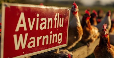 'Avian flu Warning' sign with chickens