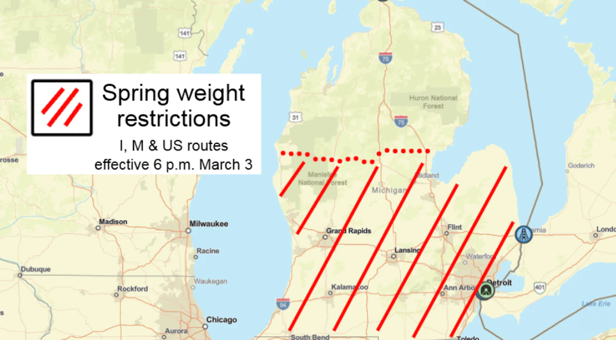 Seasonal weight restrictions on some highways begin in Michigan Monday