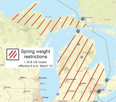 Map of Michigan with highway restrictions
