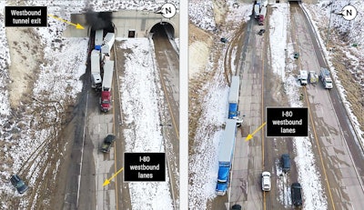 Aerial views of the crash site, showing some of the vehicles in their final rest positions. (Source: Sweetwater County Sheriff’s Office; annotated by NTSB)
