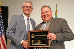 Derek Barrs (left) received the leadership recognition award from 2023-2024 CVSA President Col. Russ Christoferson, with the Montana Department of Transportation, at the 2024 CVSA Annual Conference and Exhibition.