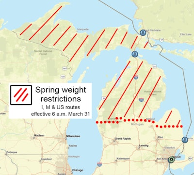 Map of Michigan with highway restrictions