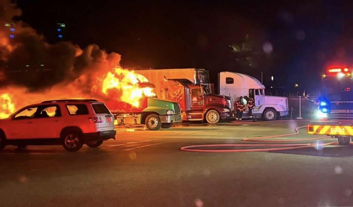 4 trucks were destroyed Wednesday in fire at truck stop north of Denver